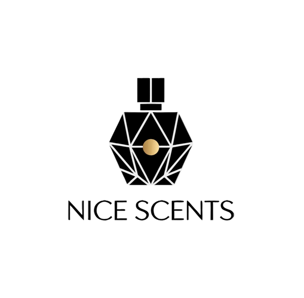 A minimalist black and gold geometric perfume bottle logo with the text 'NICE SCENTS' underneath, centered on a light gray background.